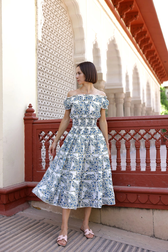 Majorca Midi Dress in Blue Green Paisley
