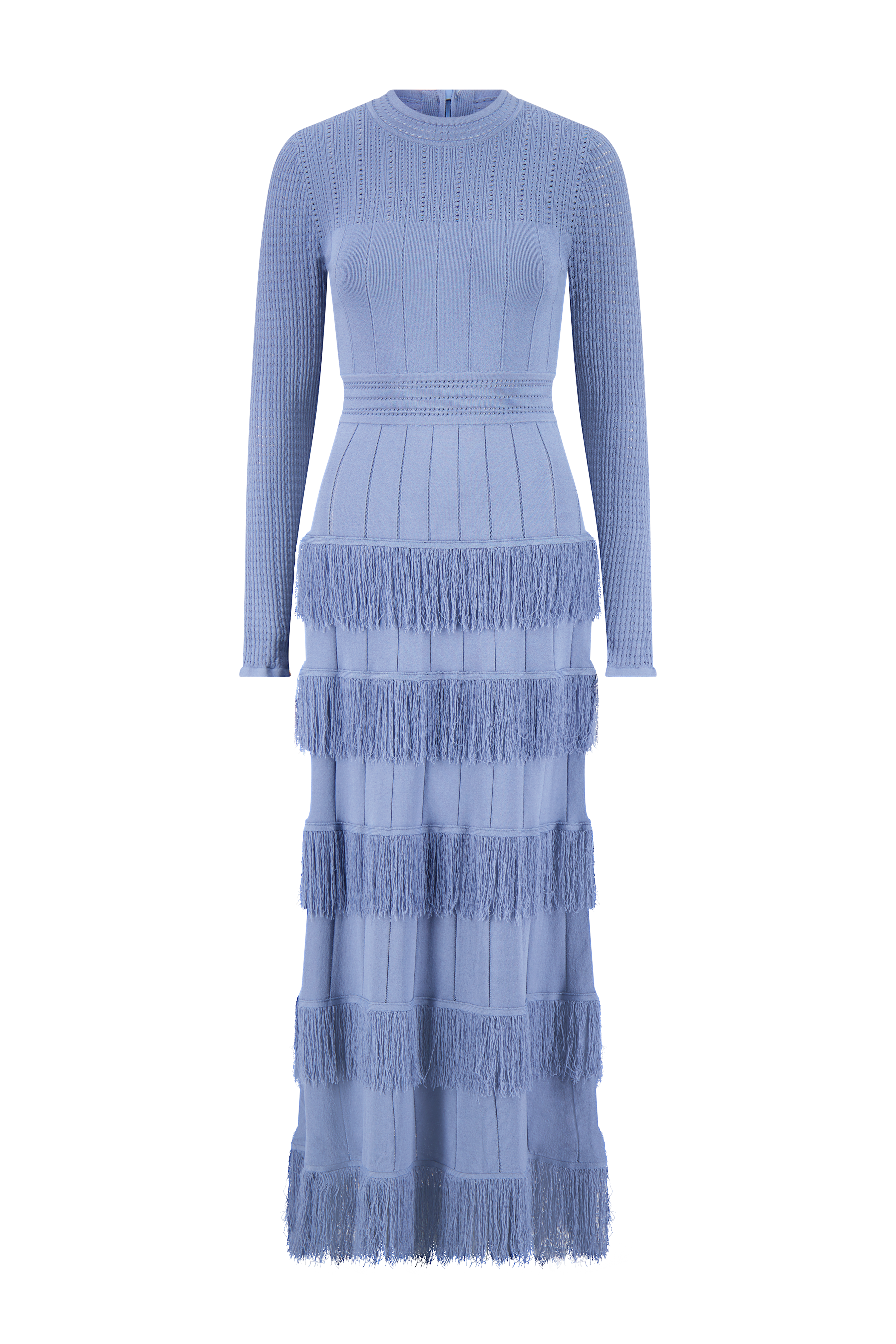 Fringe Detail Knit Piper Dress in Cornflower