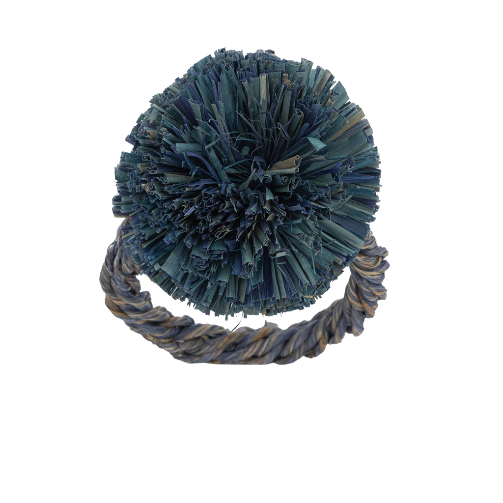 Straw Pompom Napkin Rings in Indigo, Set of Four
