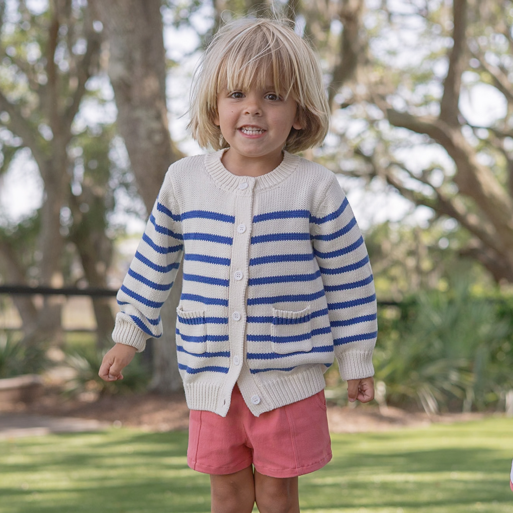 Unisex Cream and Blue Stripe Knit Cardigan