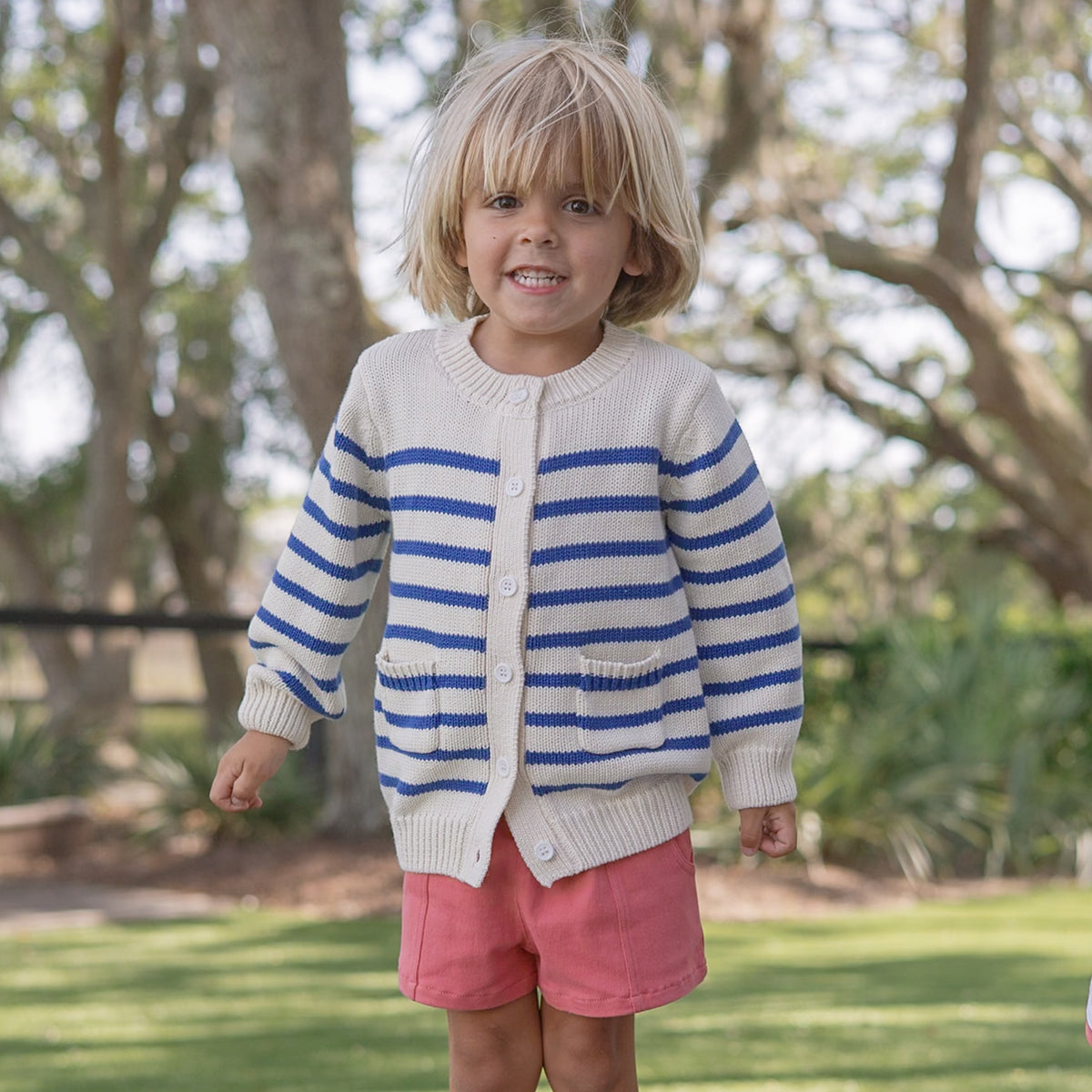 Unisex Cream and Blue Stripe Knit Cardigan