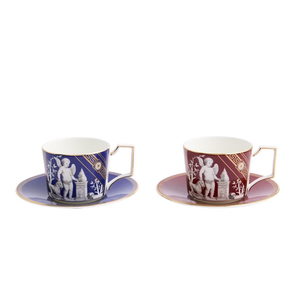 Renaissance Mix Teacup Saucer in Gold & Red, in Set of 2