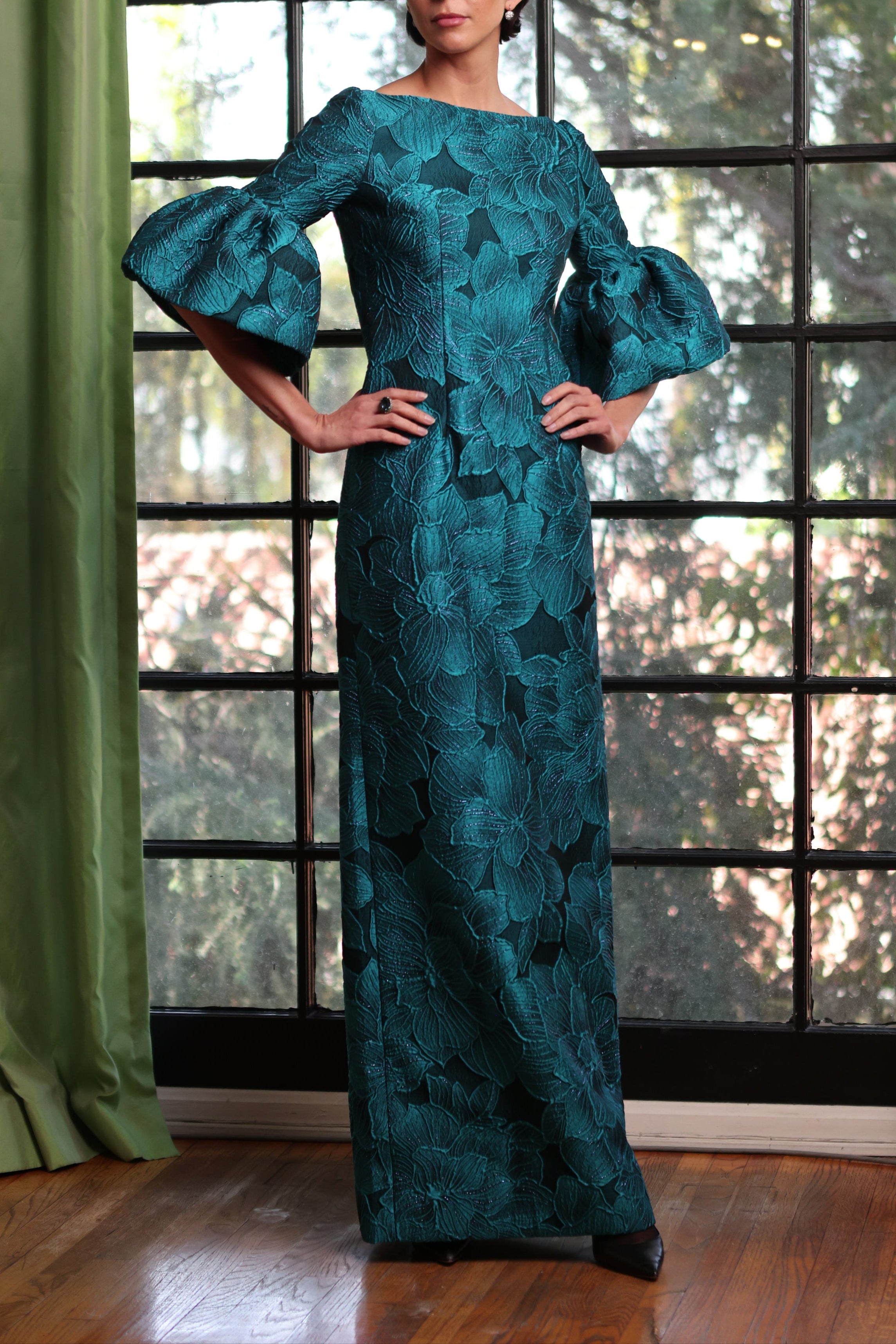 Column Gown Ruffle Sleeve in Ultra Marine Blue