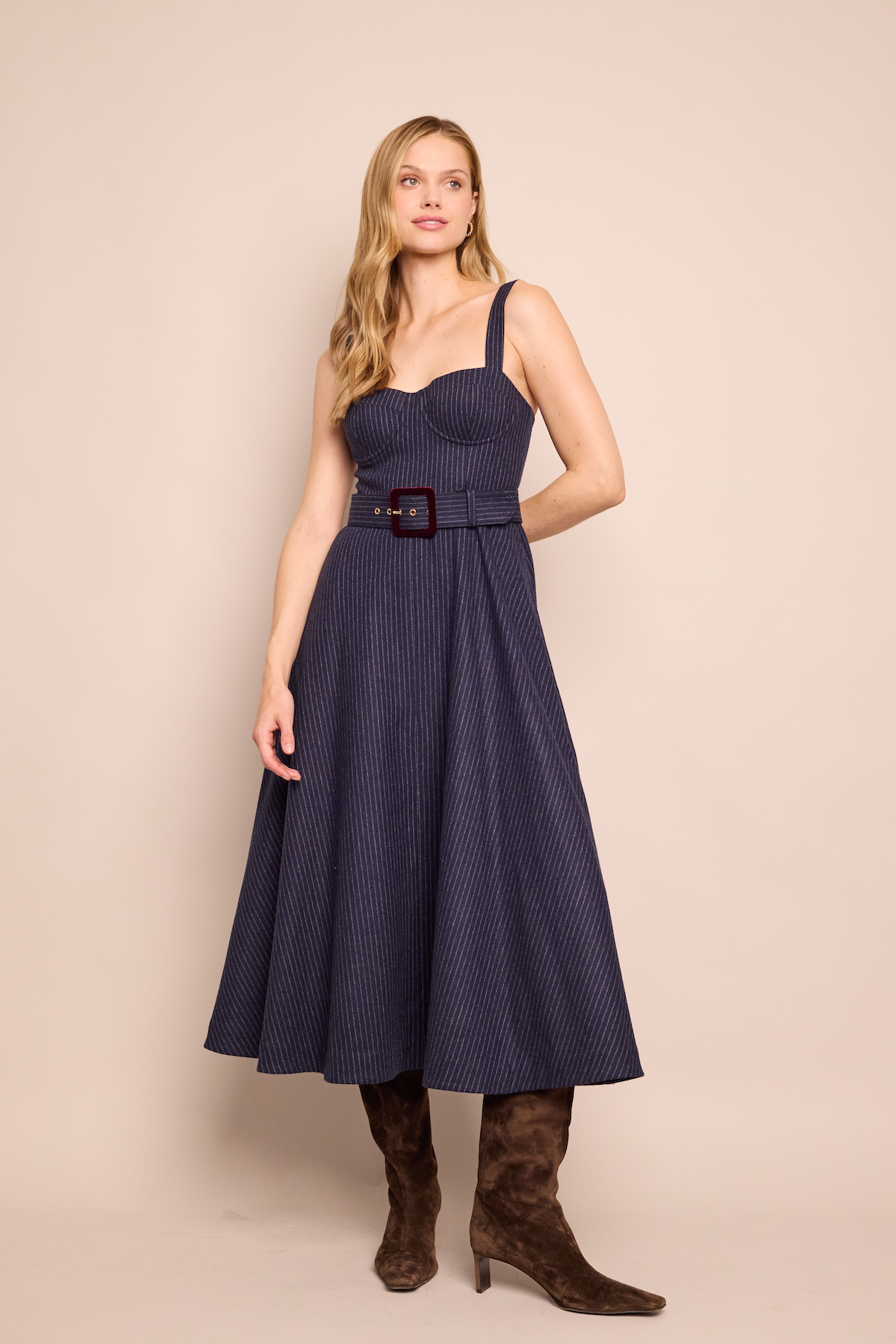 Calypso Dress in Navy Chalk Stripe