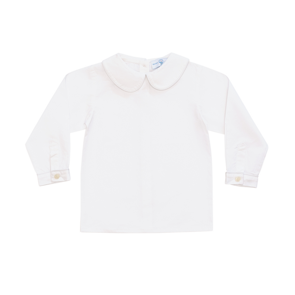 Henry Duvall boys white Peter Pan collar shirt, classic holiday layering piece for Jon Jons, shorts, and bubbles, timeless Christmas toddler outfit