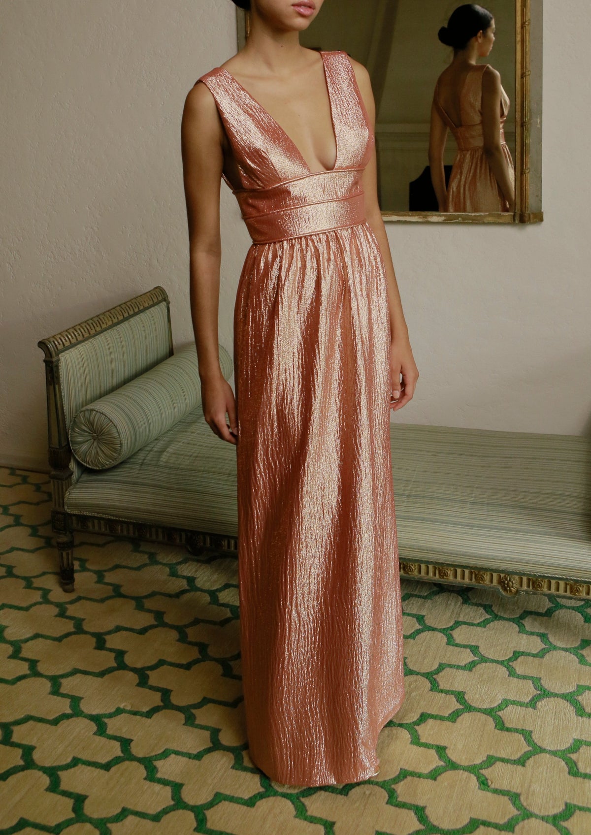V Neck Gown in Italian Coral Lame