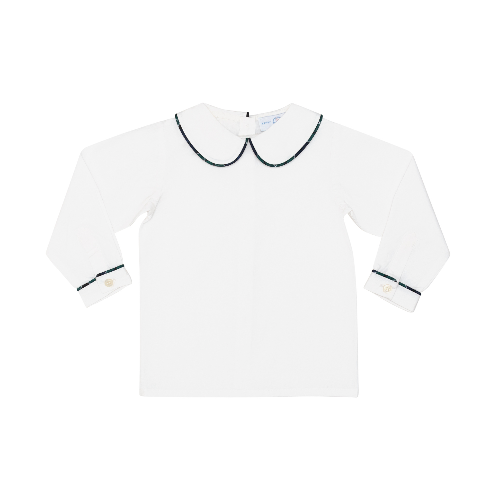 Henry Duvall boys white Peter Pan collar shirt with Newbury Tartan trim, classic holiday layering piece to coordinate with green and navy tartan outfits