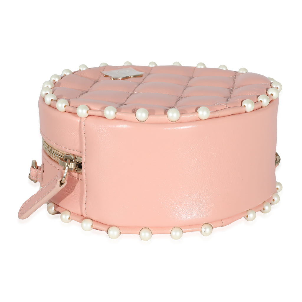 Chanel Pink Quilted Calfskin Pearl Round Clutch With Chain