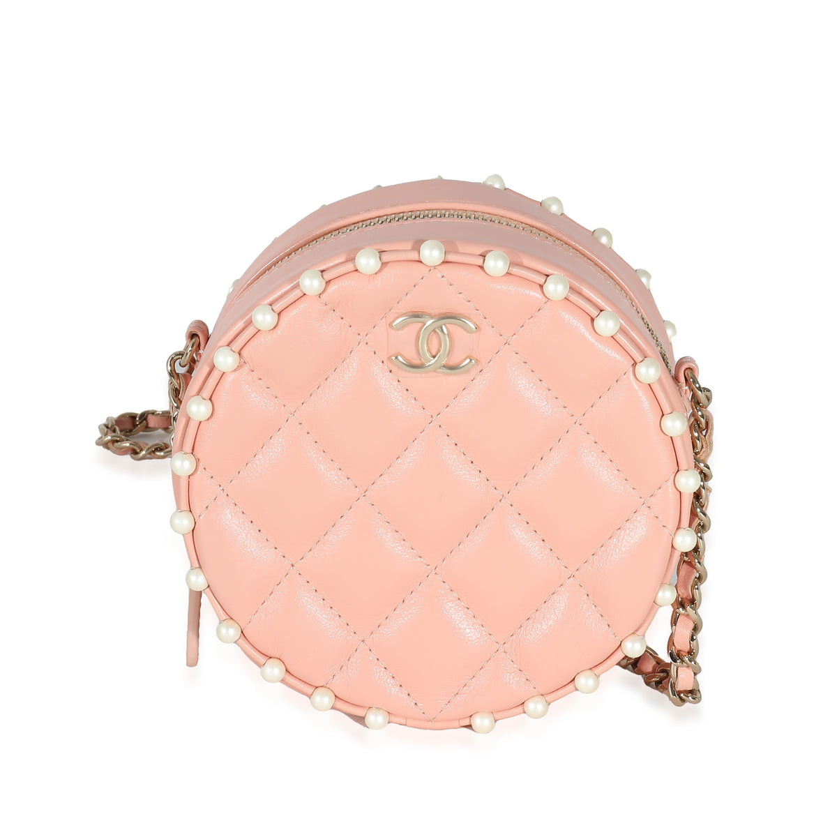 Chanel Pink Quilted Calfskin Pearl Round Clutch With Chain