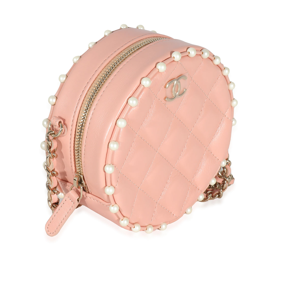 Chanel Pink Quilted Calfskin Pearl Round Clutch With Chain