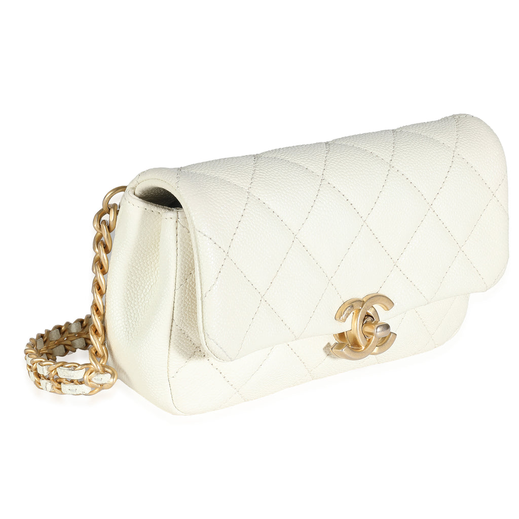 Chanel White Quilted Caviar Chain Melody Waist Belt Bag