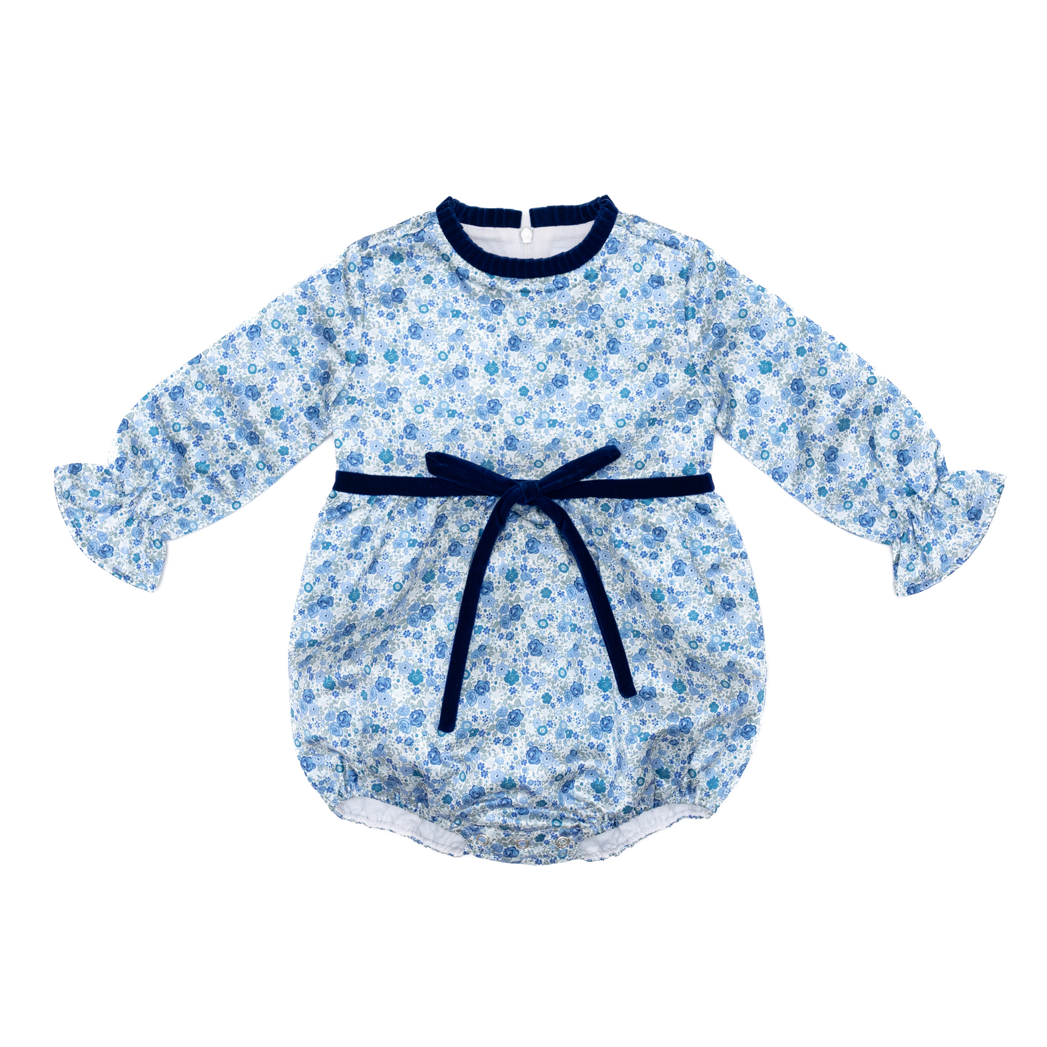 Henry Duvall Hazel Bubble in Prescott Petals floral with Back Bay Blue Velvet bow, classic baby girl fall romper designed to coordinate with sibling and mommy styles