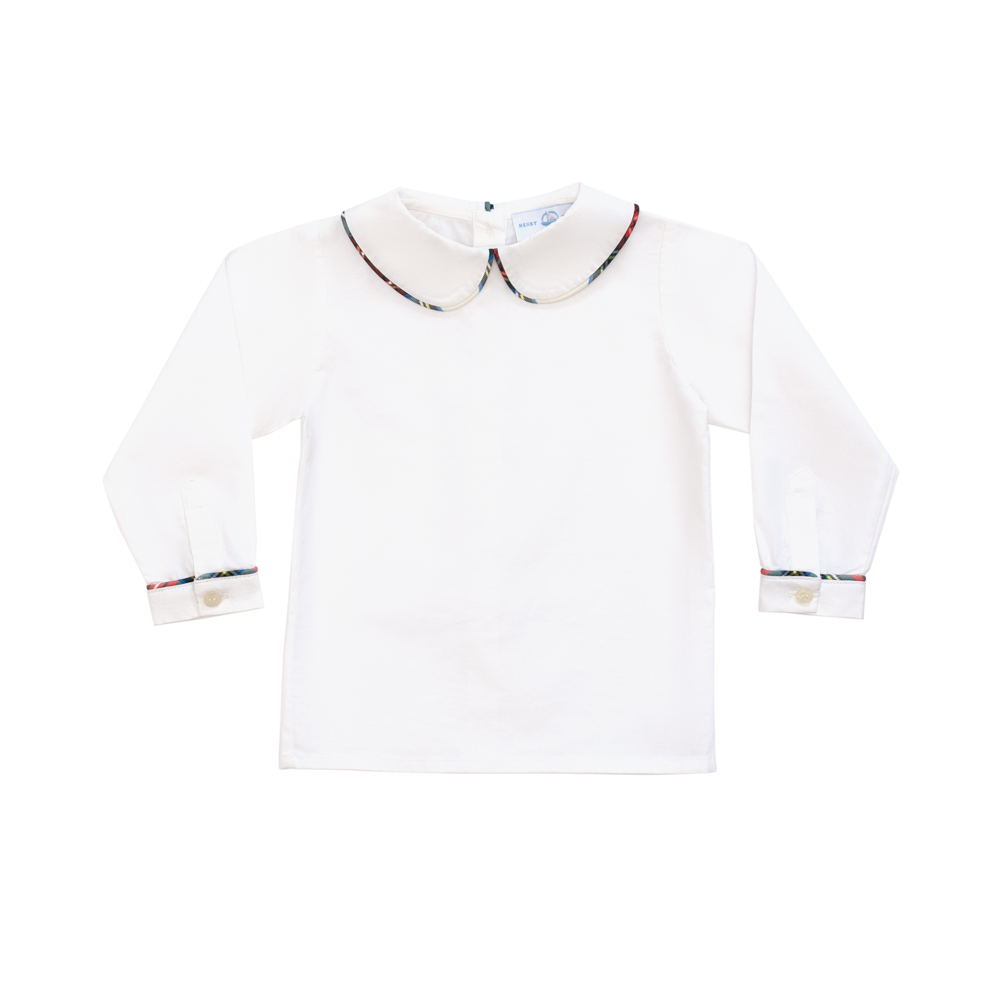 Classic white Peter Pan collar top highlighted with bold Townsend Tartan trim. A signature holiday piece from Henry Duvall’s Holiday Collection.
