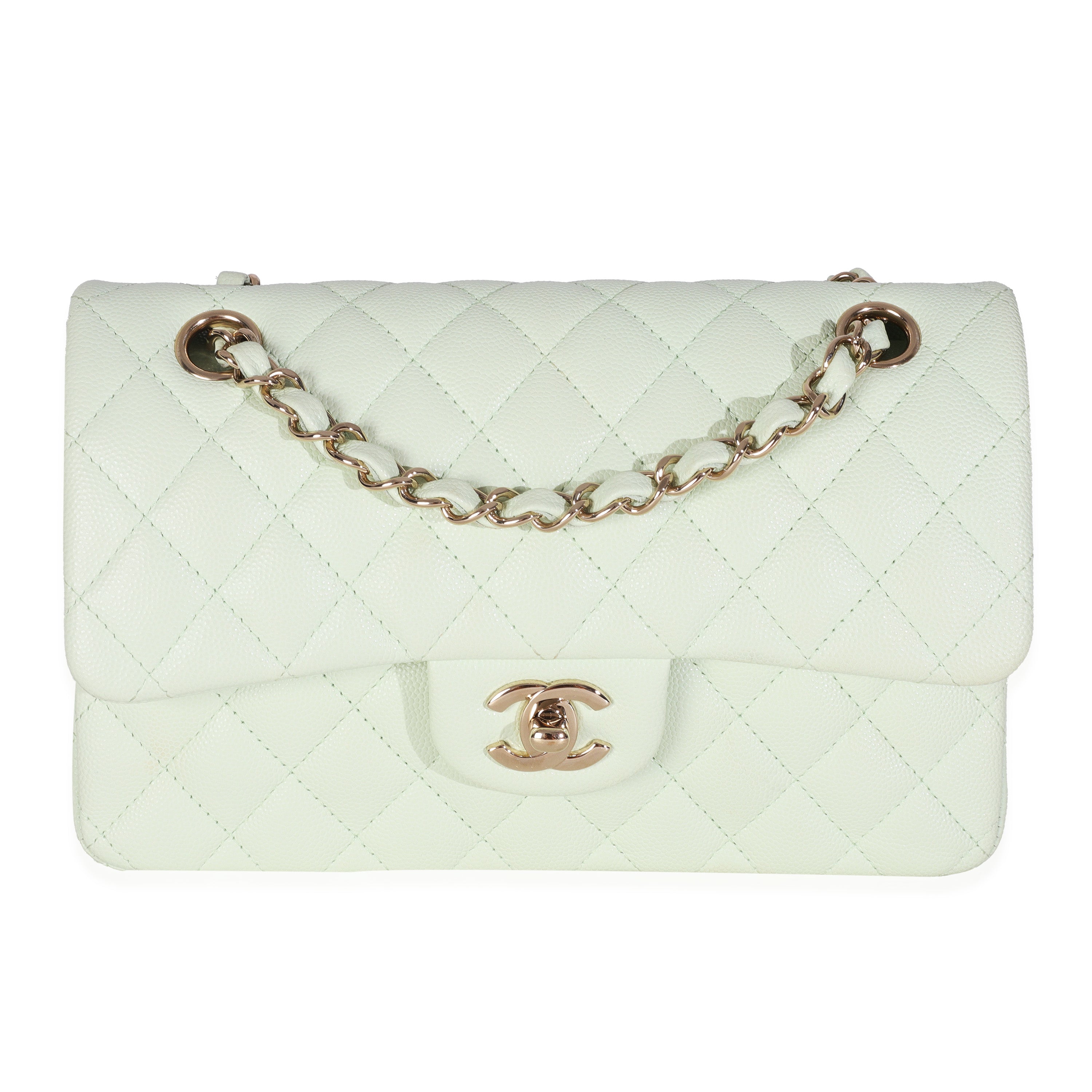 Chanel Light Green Quilted Caviar Small Classic Double Flap Handbag