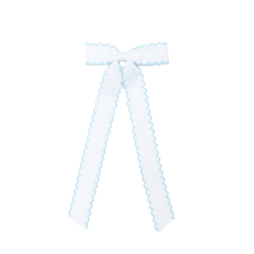 Moonstitch Long Tail Bow by Winn & William, classic long ribbon hair bow with contrast edge and alligator clip, perfect fall accessory for timeless girls’ outfits