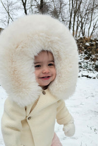 Knit Jacket with Removable Fur Hood in Cream