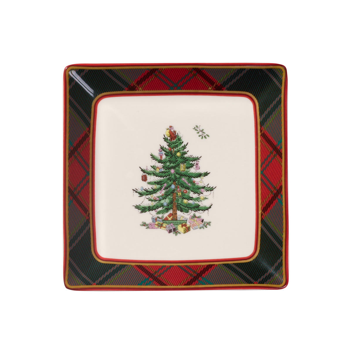 Christmas Tree Tartan Square Tidbit Plates, Set of 4