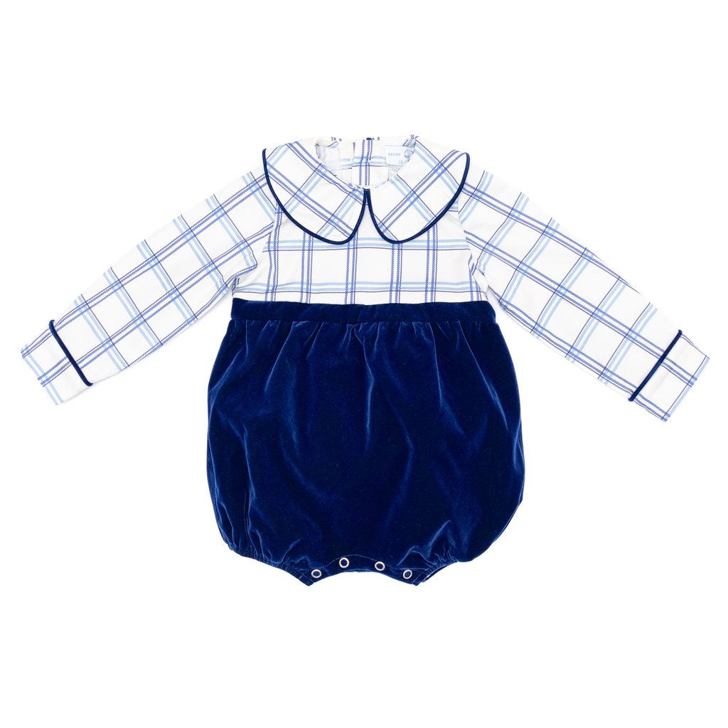 Henry Duvall Beau Bubble with Prescott Plaid top and Back Bay Blue Velvet bottom, long sleeve baby boy holiday romper with HD buttons and diaper snaps
