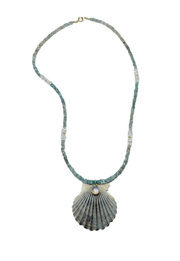 OTM Exclusive: Aquamarine And Moonstone Necklace With Shell Pendant