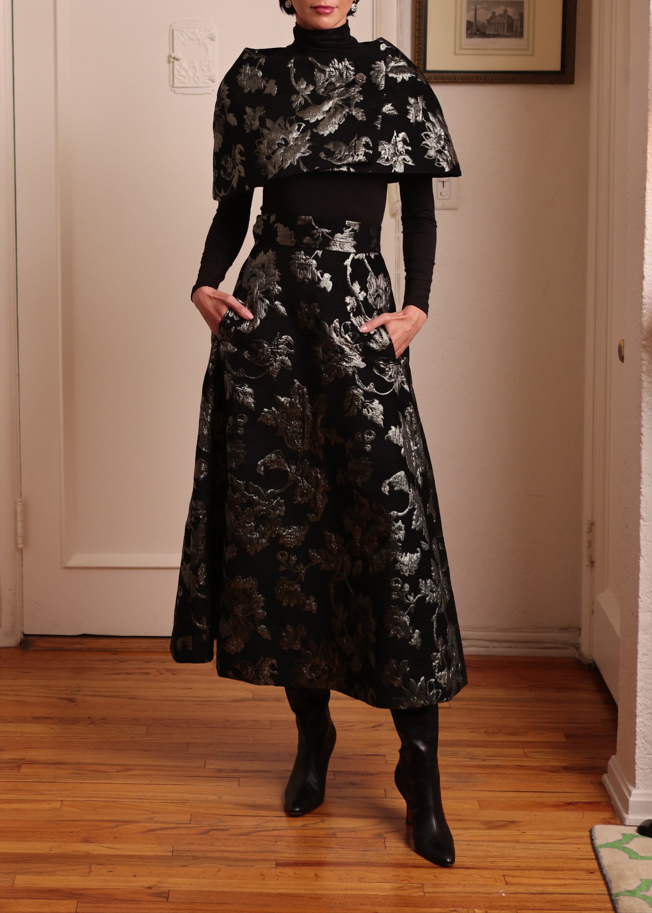 French Brocade Capelette in Black Velvet & Sage