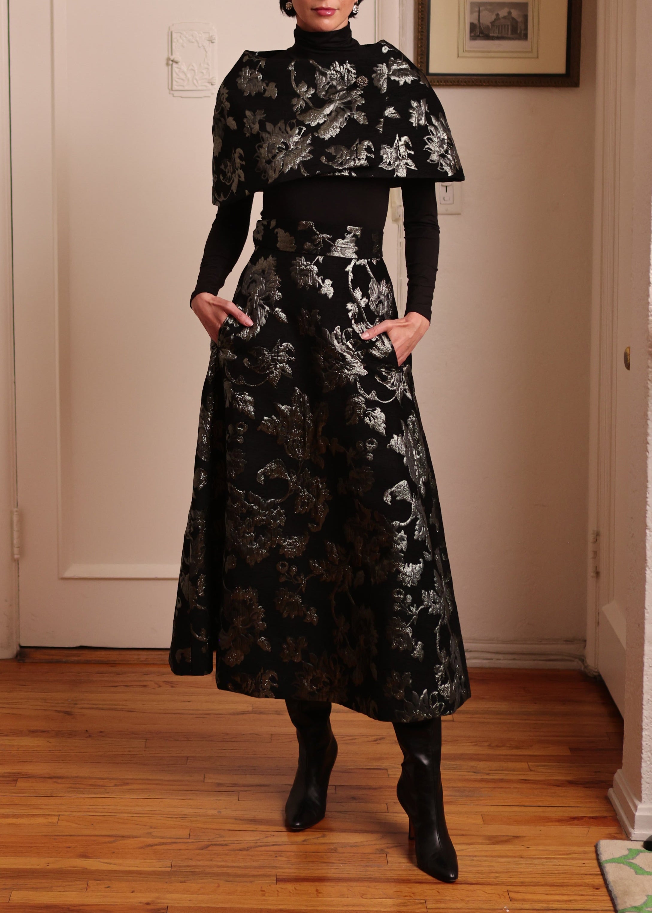 French A-Line Skirt in Black Velvet & Sage