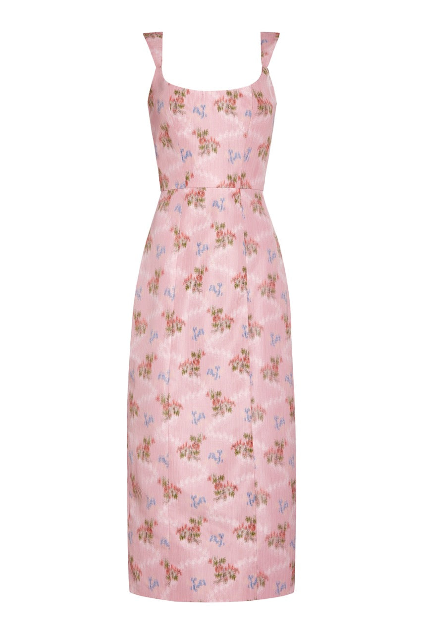 OTM Exclusive: Numa Pink Floral Ikat Corset Dress With Back Slit