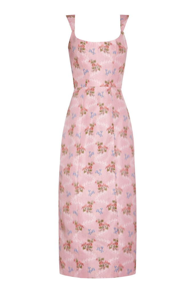 OTM Exclusive: Numa Pink Floral Ikat Corset Dress With Back Slit