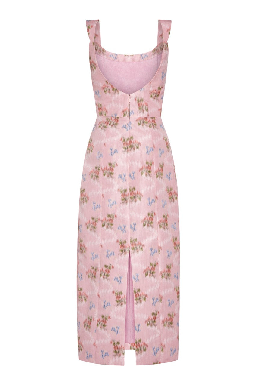 OTM Exclusive: Numa Pink Floral Ikat Corset Dress With Back Slit