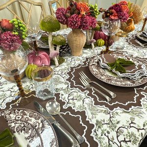 brown placemats, brown napkins, embroidered placemats, embroidered napkins, green and white tablecloth, luxury fall table linens