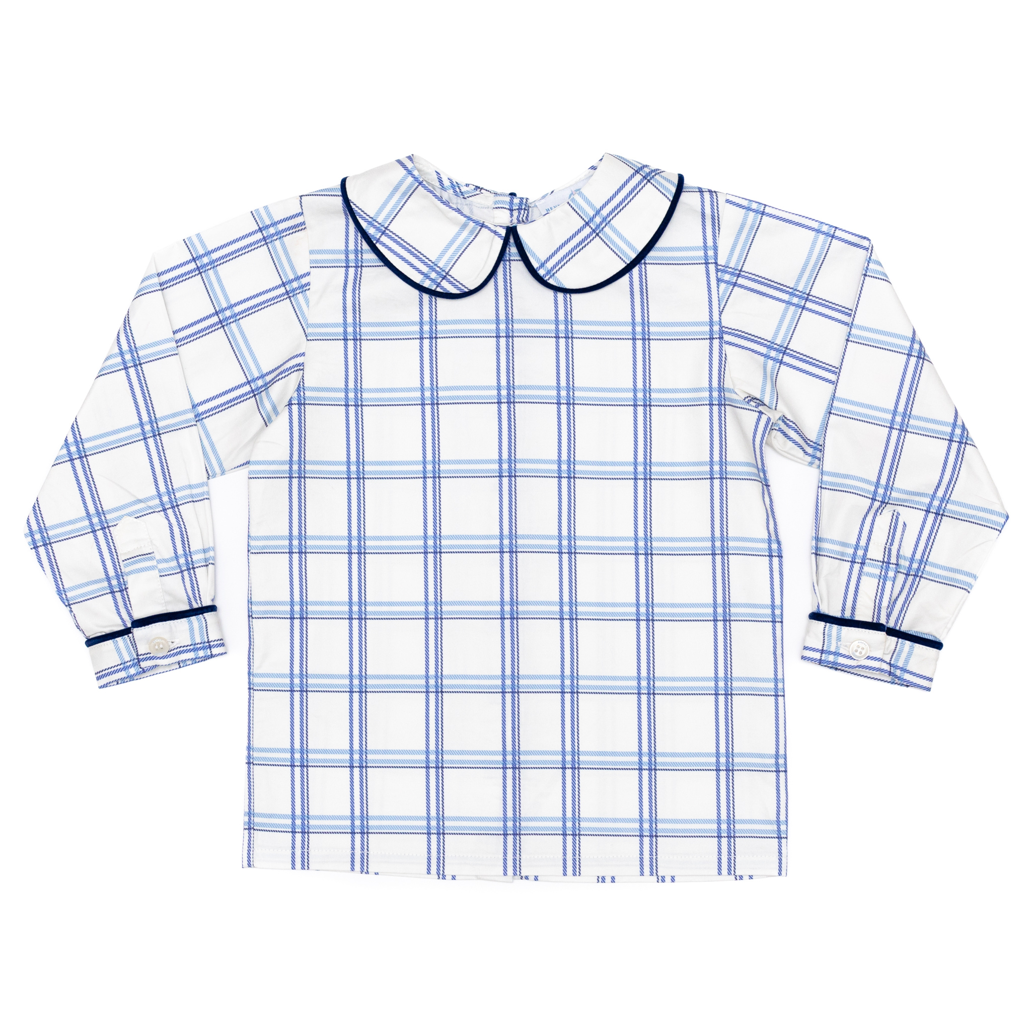 Henry Duvall Long Sleeve Henry Peter Pan Shirt in Prescott Plaid, classic boys fall shirt with Peter Pan collar and button-back, perfect for layering and coordinating sibling outfits