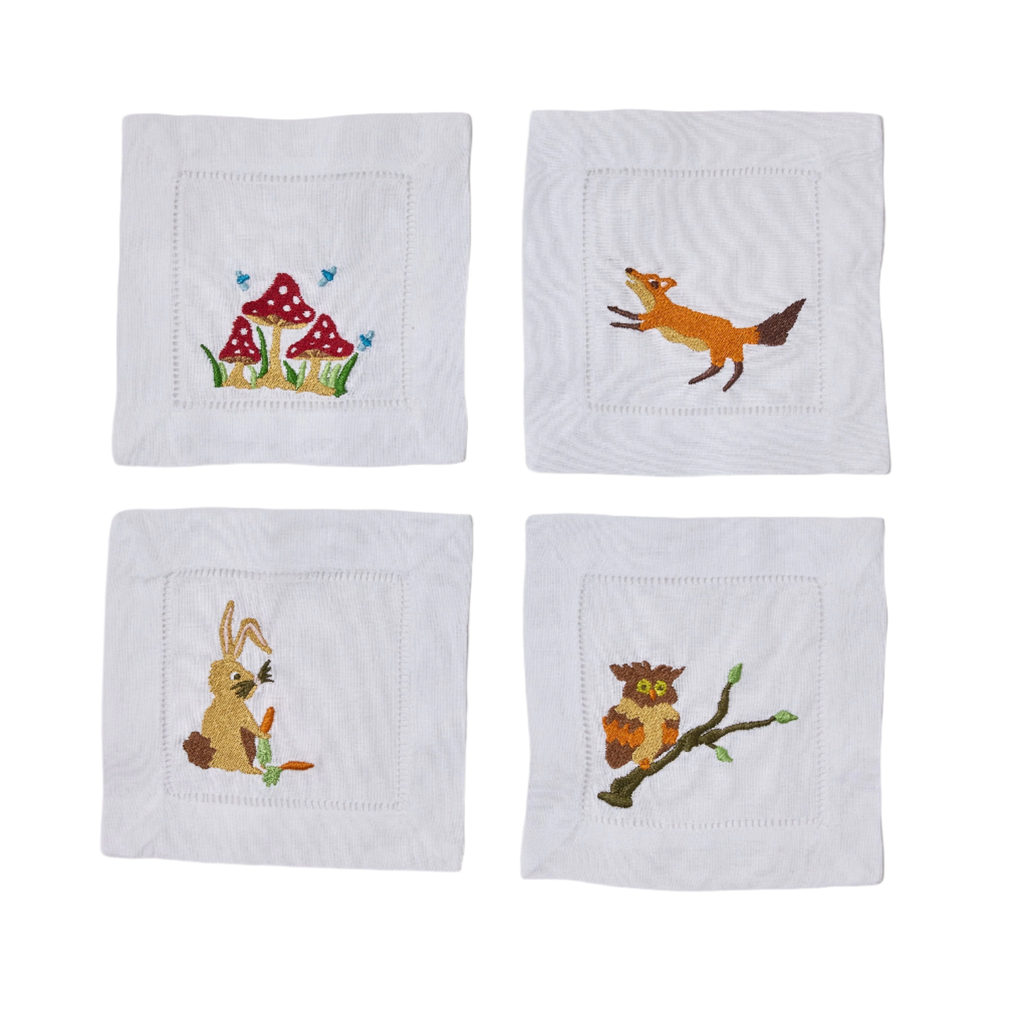 Assorted Woodland Creature Linen Cocktail Napkins, Set of 4