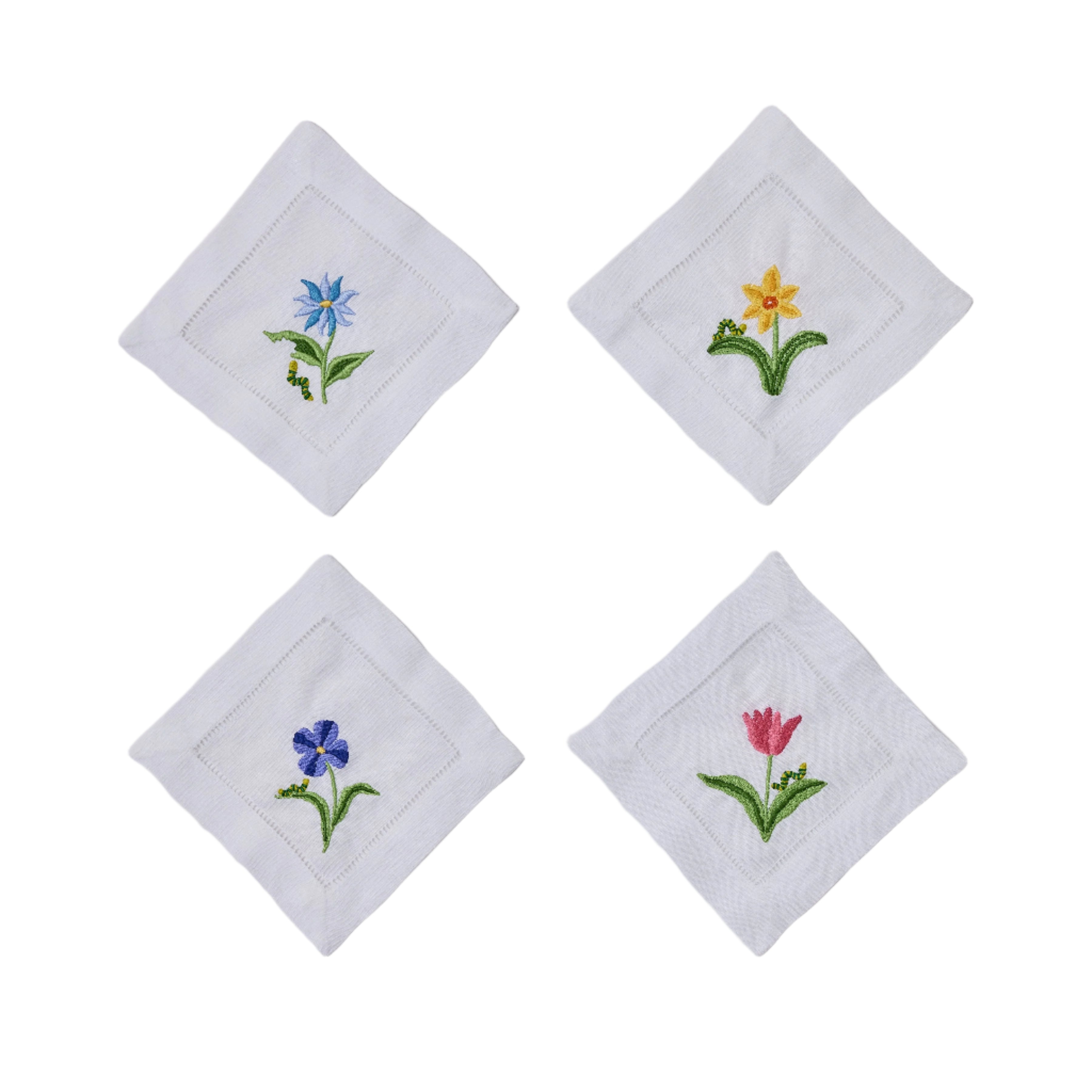 Assorted Flower & Inch Worm Linen Cocktail Napkins, Set of 4