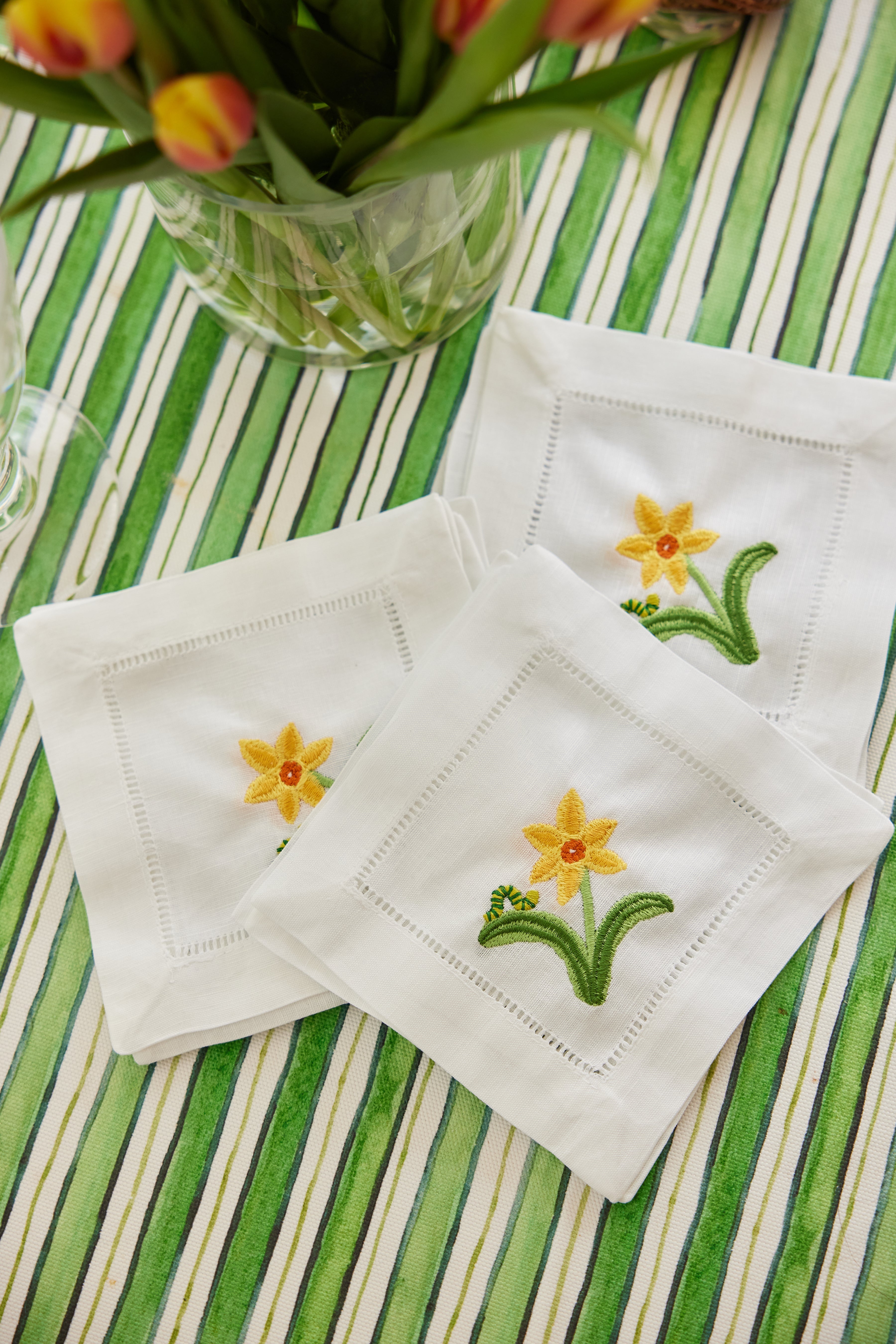 Embroidered Daffodil & Inch Worm Cocktail Napkins, Set of 4