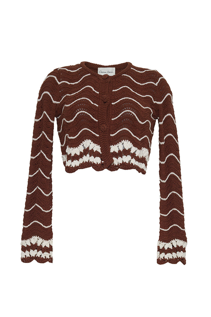 Jolene Cardigan in Brown Ivory Wave Crochet