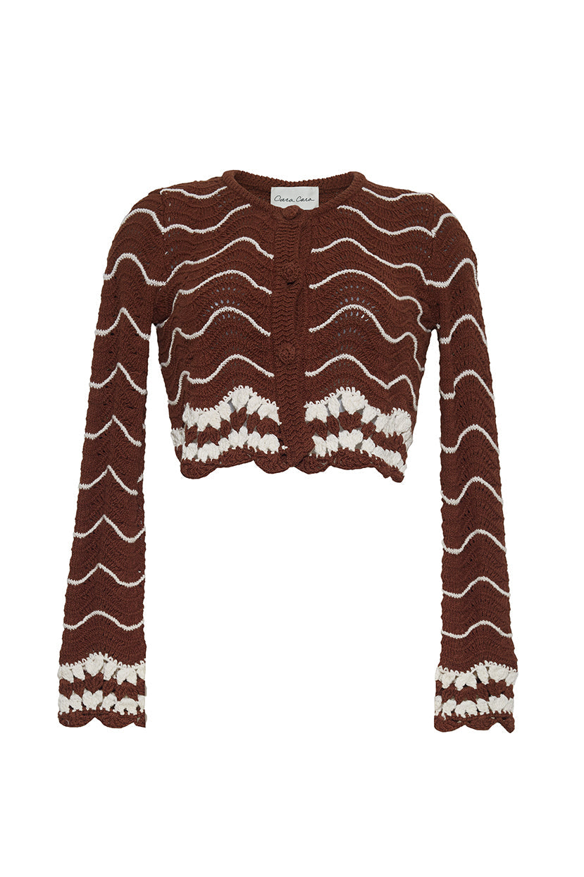 Jolene Cardigan in Brown Ivory Wave Crochet