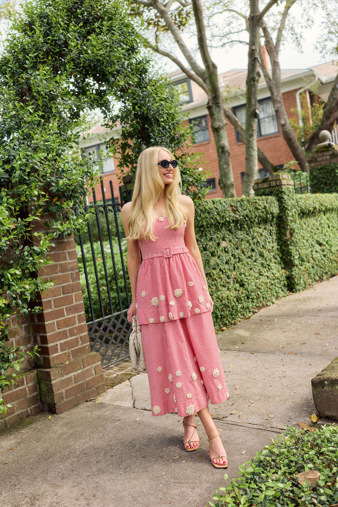 Daisy Dress X Rainey Collaboration in Red Gingham with Cream Crochet Applique