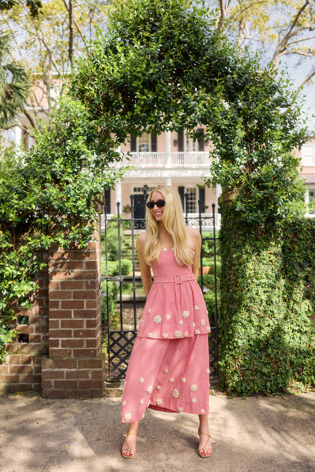 Daisy Dress X Rainey Collaboration in Red Gingham with Cream Crochet Applique