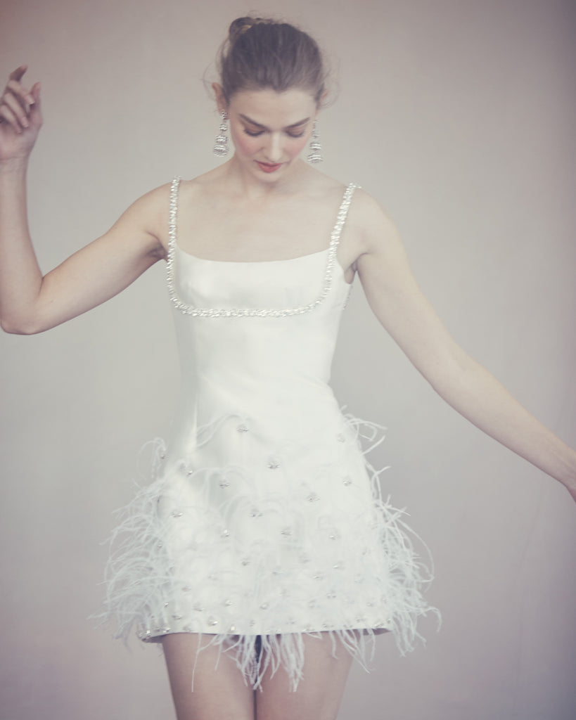OTM Exclusive: Stella Dress in Ivory Silk Wool with Feathers