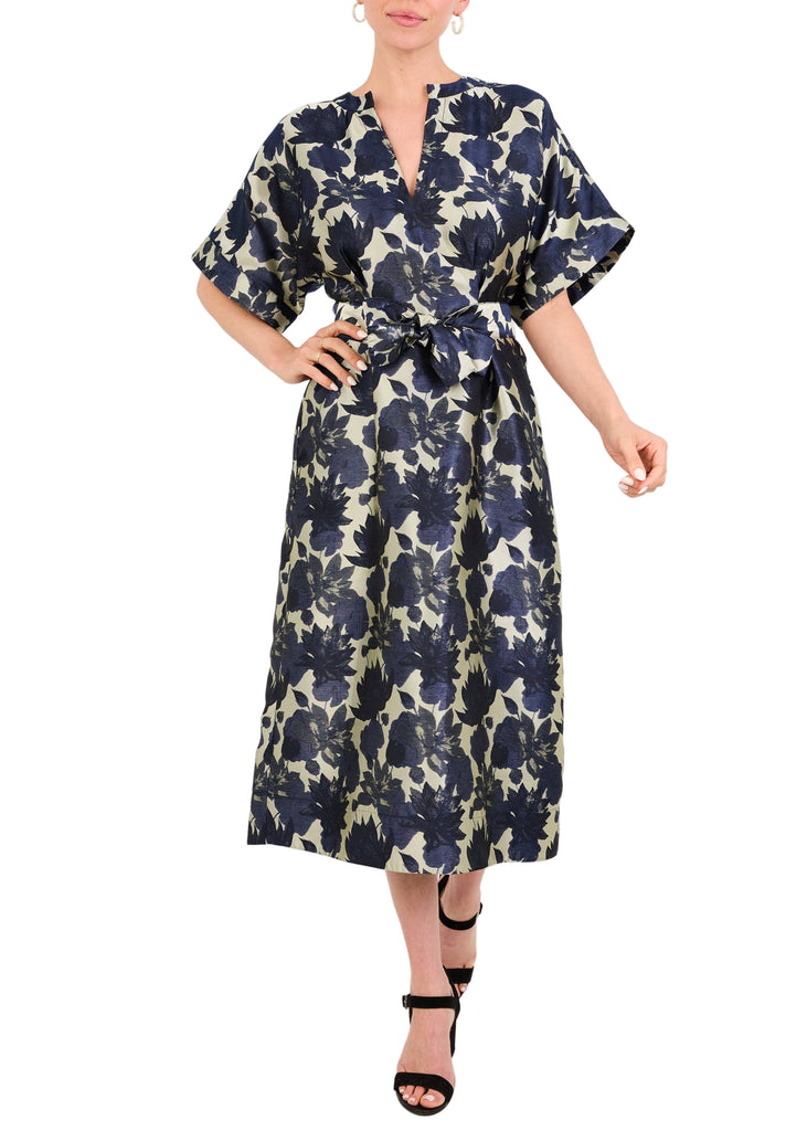 Evelyn Dress in Ivory and Navy Floral Silhouette Jacquard