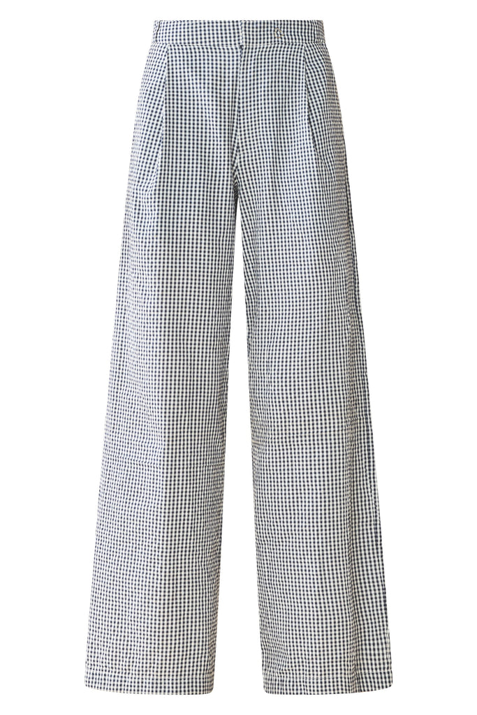 Nina Pant in Navy Gingham with Cream Crochet Applique