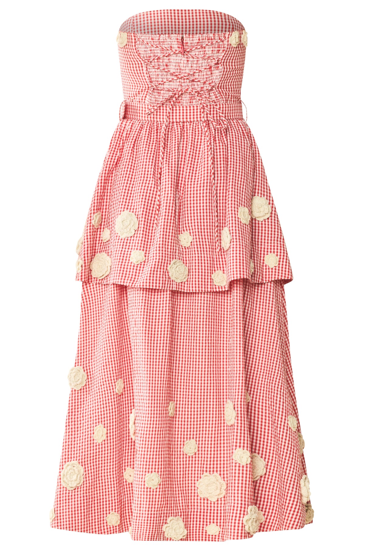 Daisy Dress X Rainey Collaboration in Red Gingham with Cream Crochet Applique