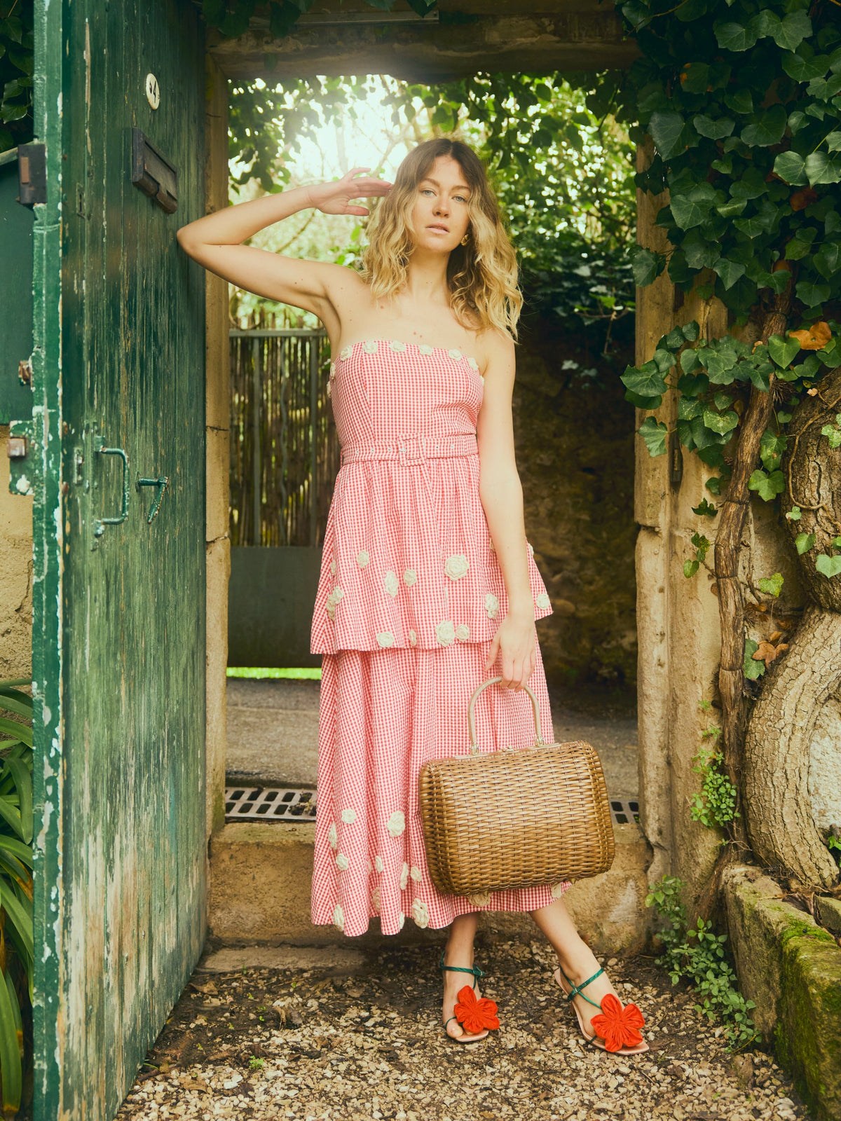 Daisy Dress X Rainey Collaboration in Red Gingham with Cream Crochet Applique