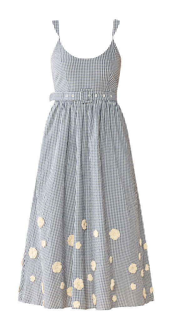 Katherine Dress in Navy Gingham with Cream Crochet Applique