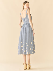 Katherine Dress in Navy Gingham with Cream Crochet Applique