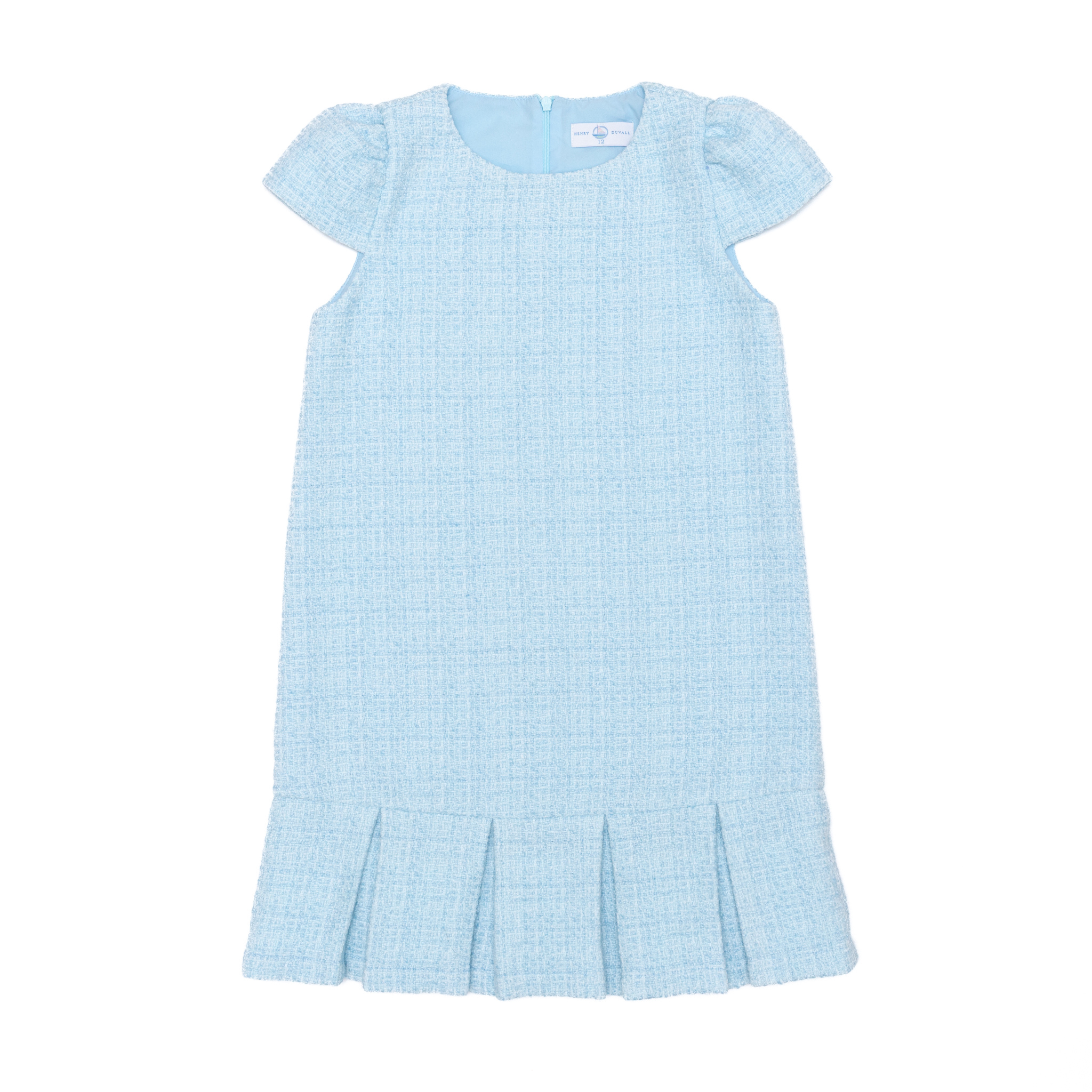 Henry Duvall Bay Tree Blue Tweed Dress for older girls, classic fall tweed dress with cap sleeves and box pleat hem, elegant and age-appropriate for seasonal occasions