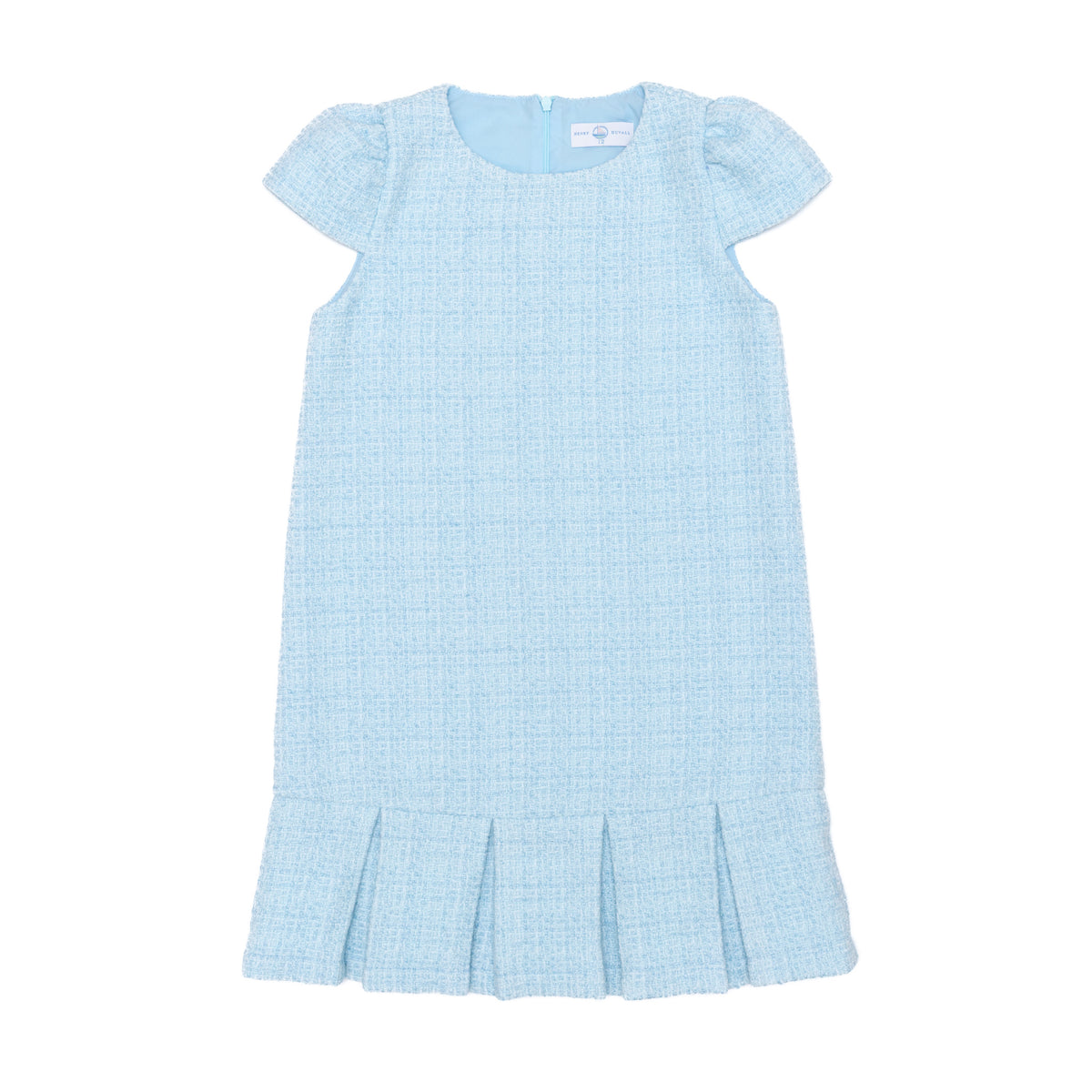 Henry Duvall Bay Tree Blue Tweed Dress for older girls, classic fall tweed dress with cap sleeves and box pleat hem, elegant and age-appropriate for seasonal occasions