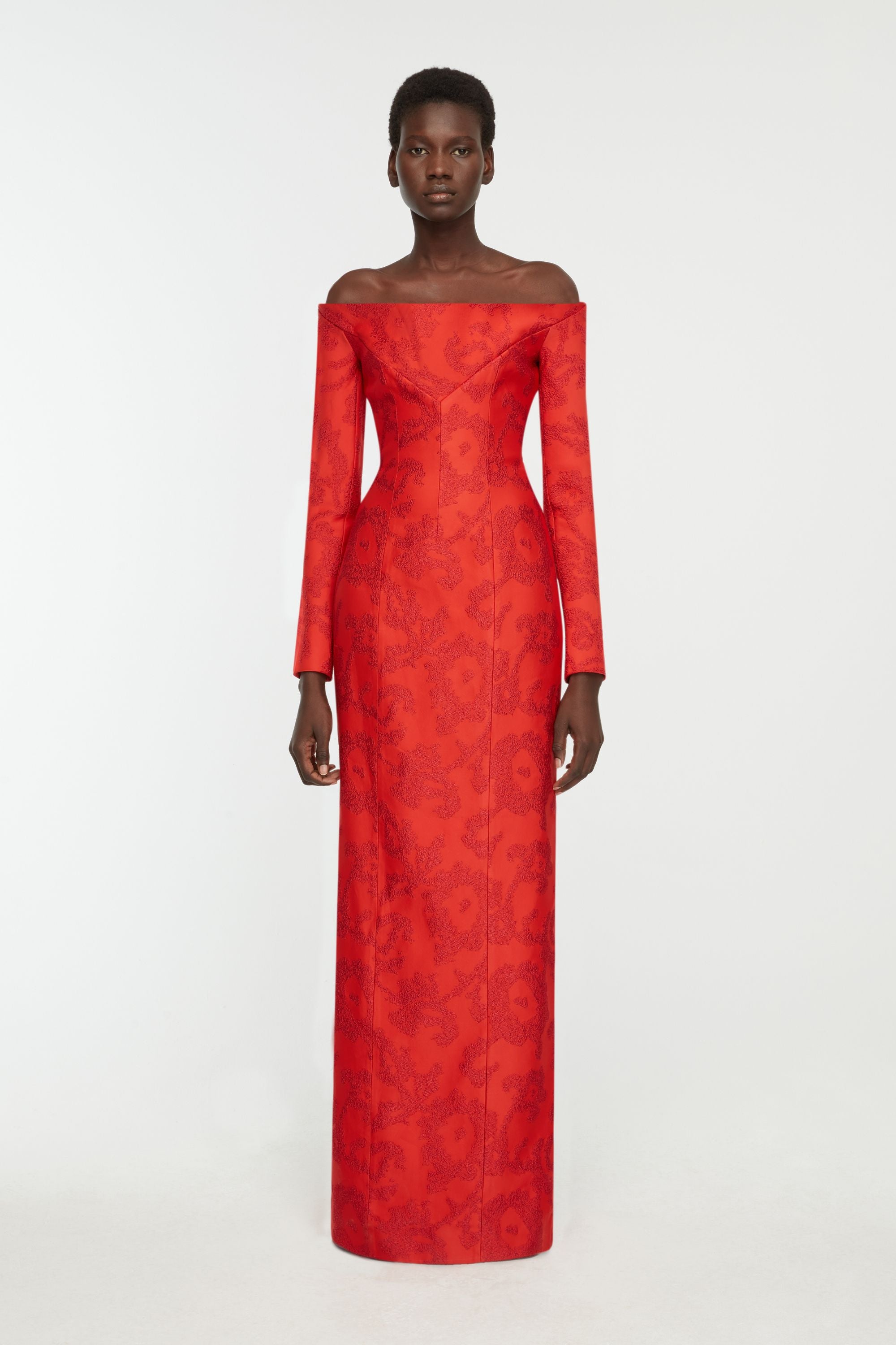 Zarith Dress In Red Boucle Floral- Full Body Front