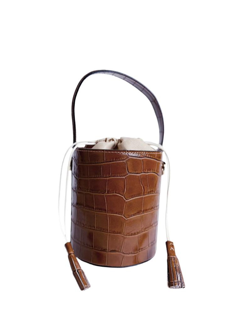 Embossed Croc Bucket Bag in Camel