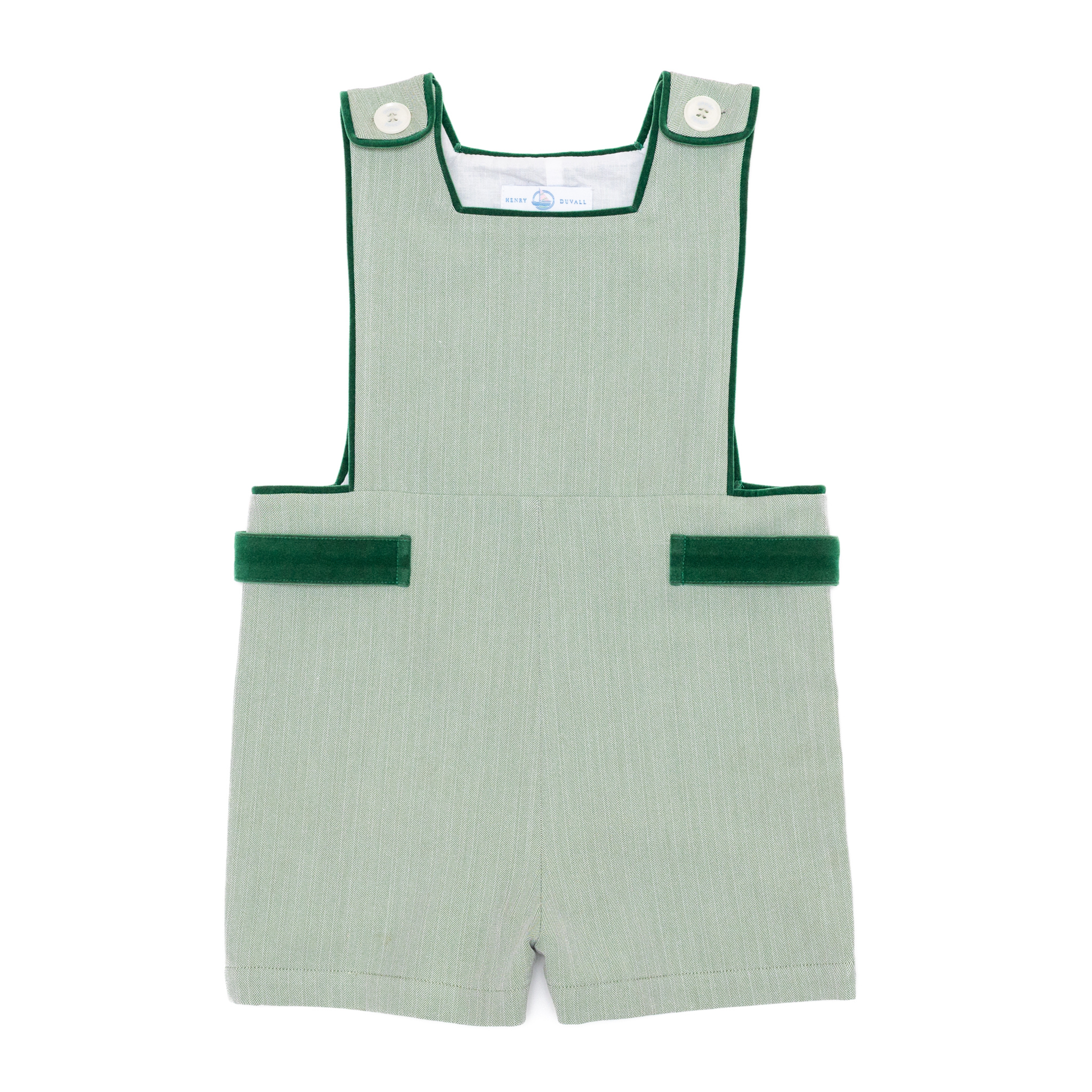 Henry Duvall classic baby boy jon jon in soft sage green herringbone, heirloom toddler outfit with shoulder buttons and stride snaps, inspired by English heritage style