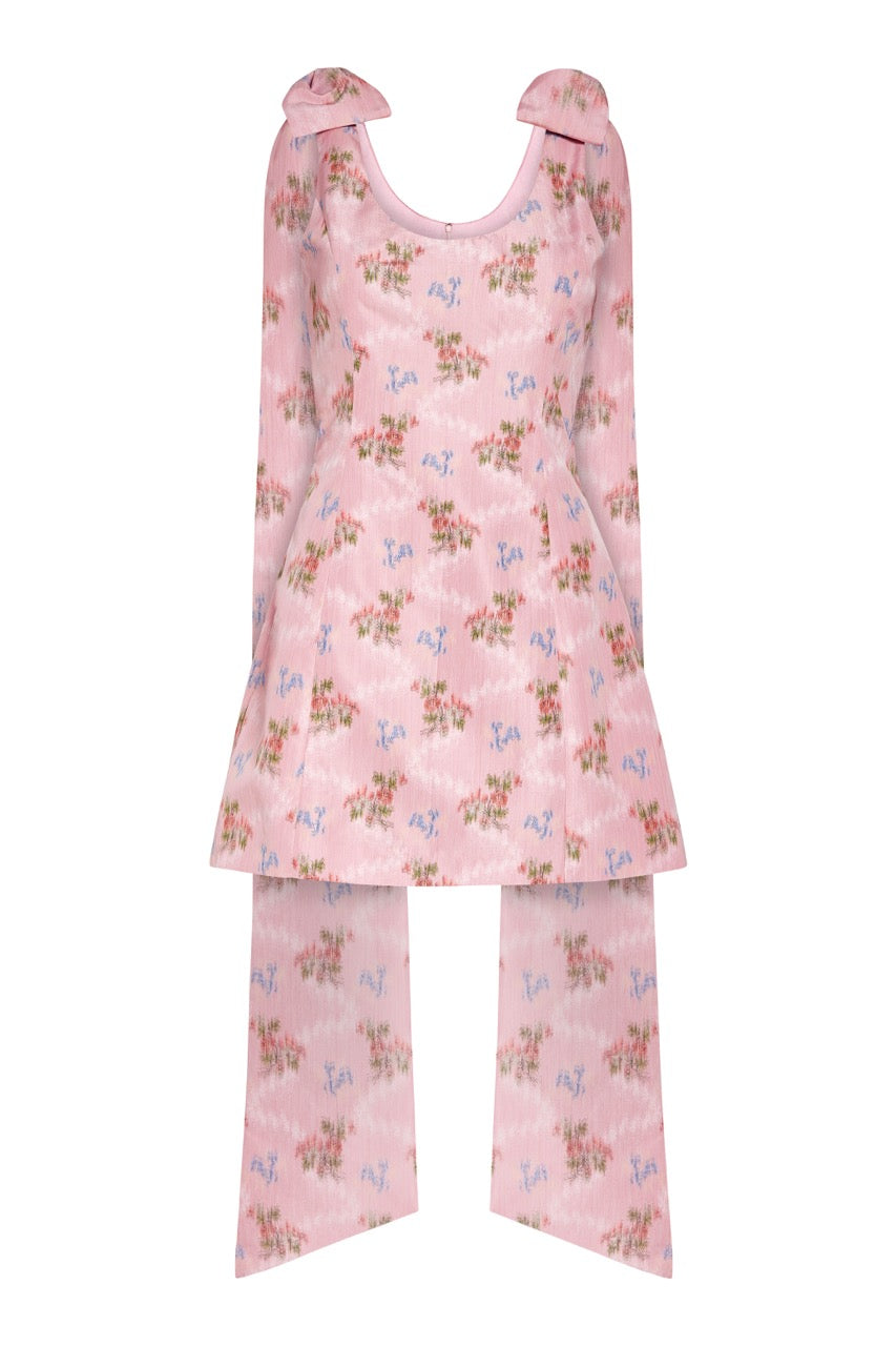 OTM Exclusive: Gita Pink Floral Ikat Scoop Neck Mini Dress With Shoulder Trains